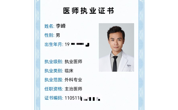 Dr. Li Feng Medical License - Certified Cosmetic Surgeon